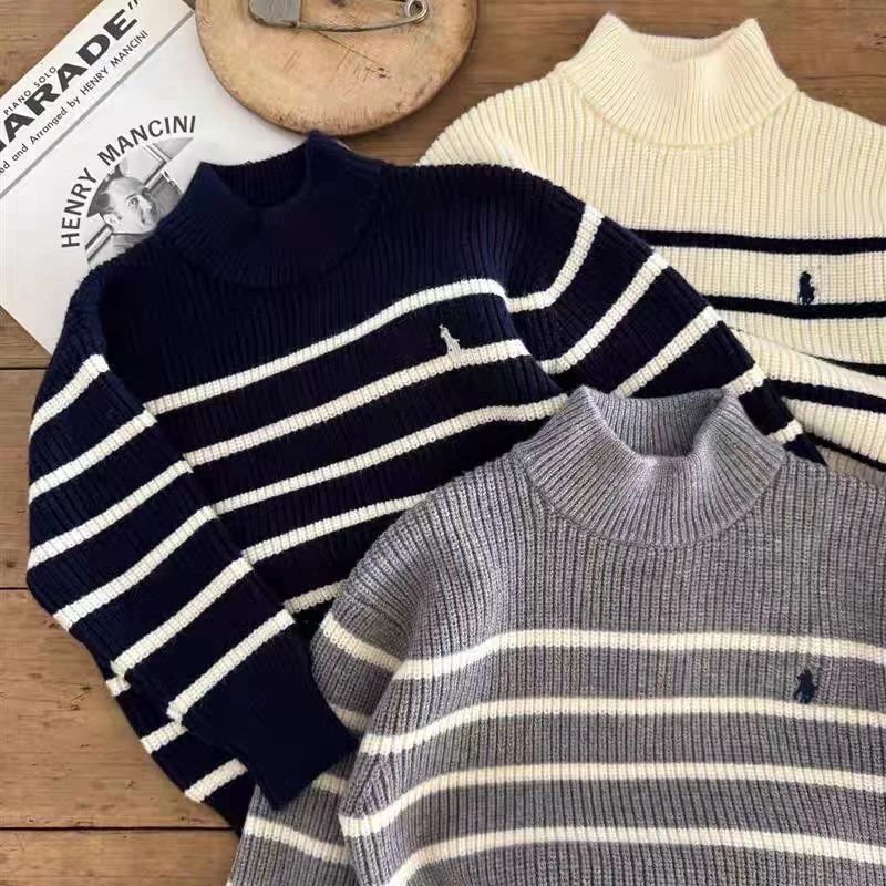儿童毛衣刺绣马标毛衣立领防风儿童秋冬新款条纹男童半高领针织衫