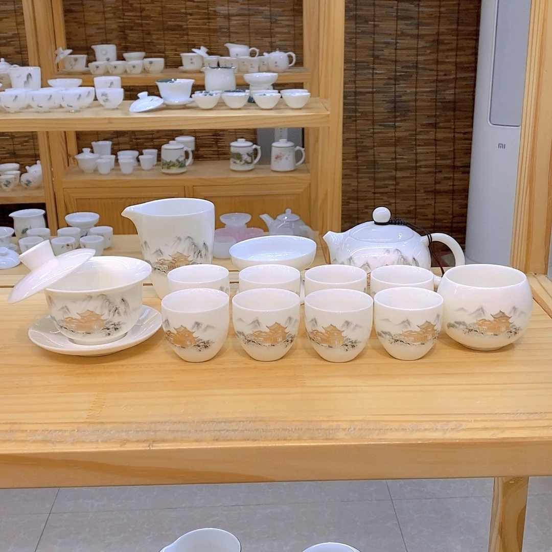 【徽唐】亭台楼阁14件羊脂玉瓷茶具套装高档白瓷家用盖碗茶杯茶壶
