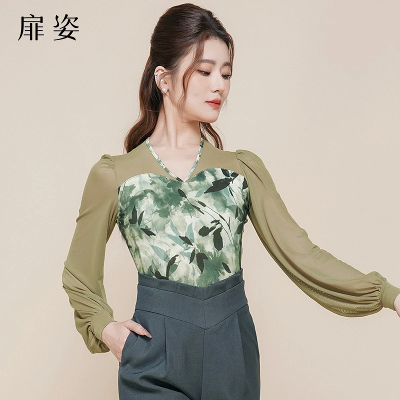 扉姿 摩登舞上衣女装气质优雅交谊舞服长袖灯笼袖跳舞连体衣F1191