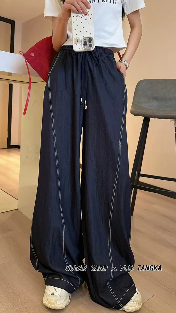 【XRSHIJIA】高腰长裤春夏秋阔腿裤抽绳休闲卫裤百搭直筒裤