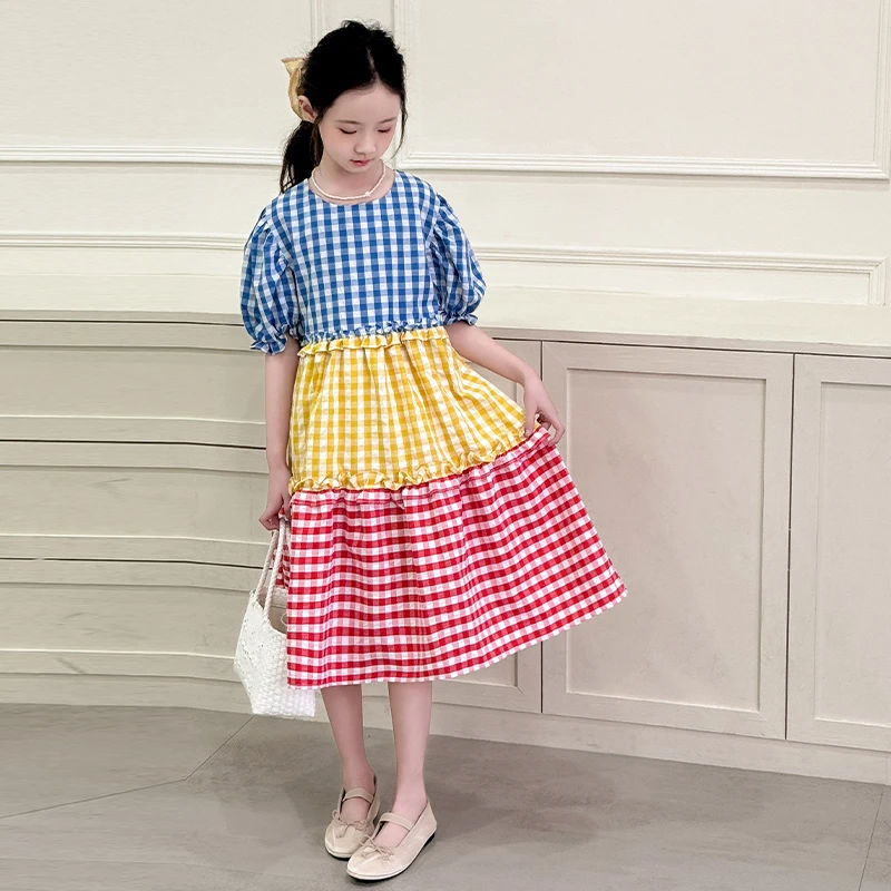 女童夏装连衣裙2025新款小女孩泡泡袖格子连衣裙儿童洋气公主裙子