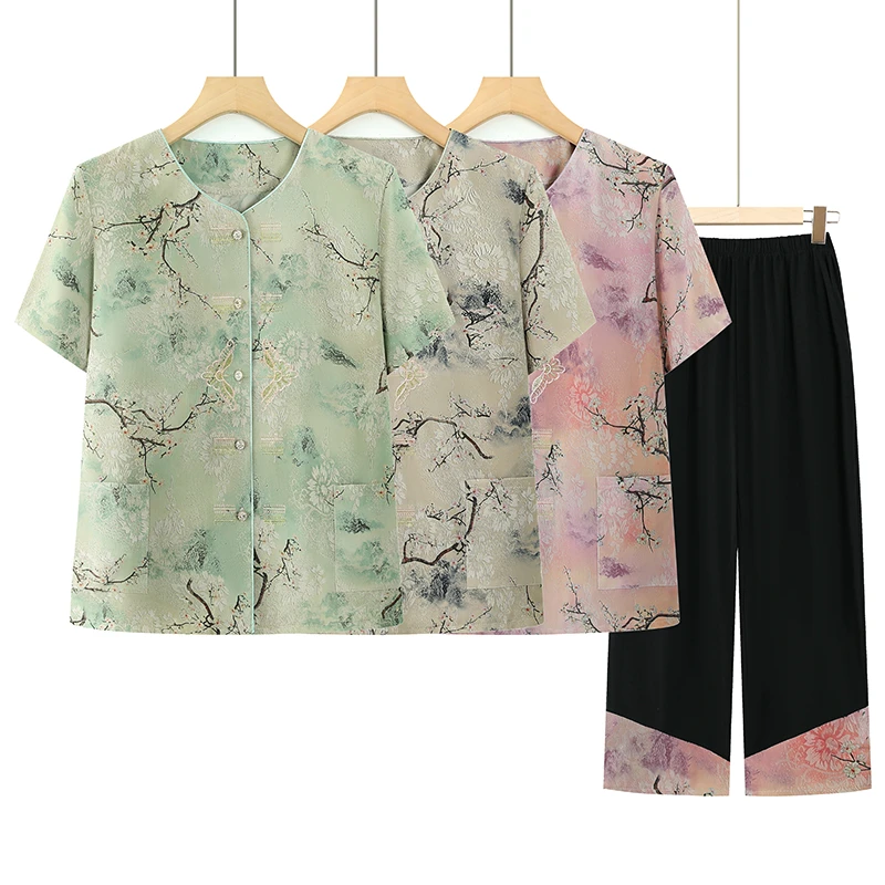 中老年女装夏天短袖套装大码妈妈装绣花开衫上衣奶奶装薄款两件套