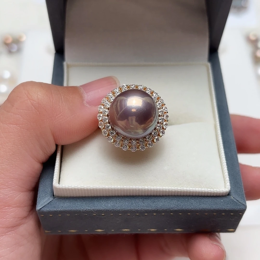 戒指银S925镶嵌淡水珍珠14正圆牛油果