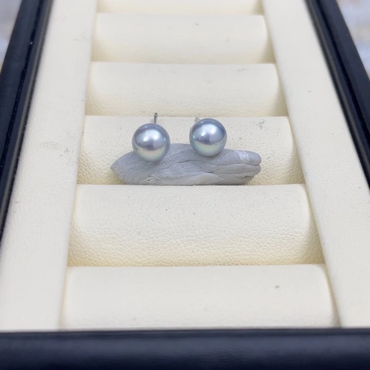 海水珍珠耳饰银S925镶嵌真多麻素钉6.5-7mm