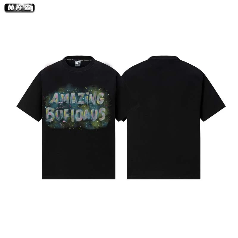 赫库森美式潮牌字母图案男士百搭宽松圆领上衣ins纯棉短袖透气T恤