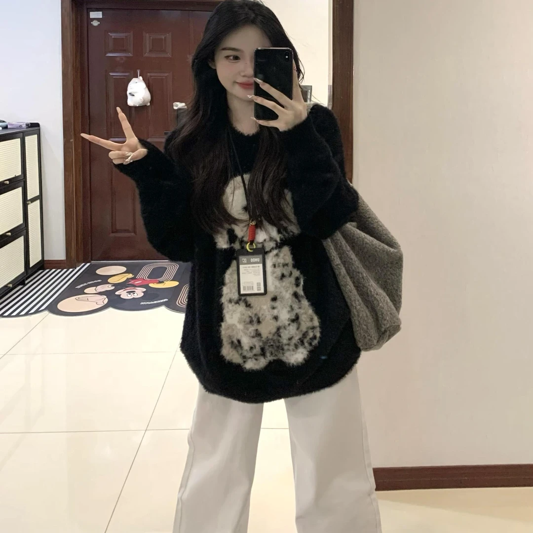 斑点狗仿貂毛衣女秋冬季新款慵懒风宽松大码洋气套头针织衫上衣