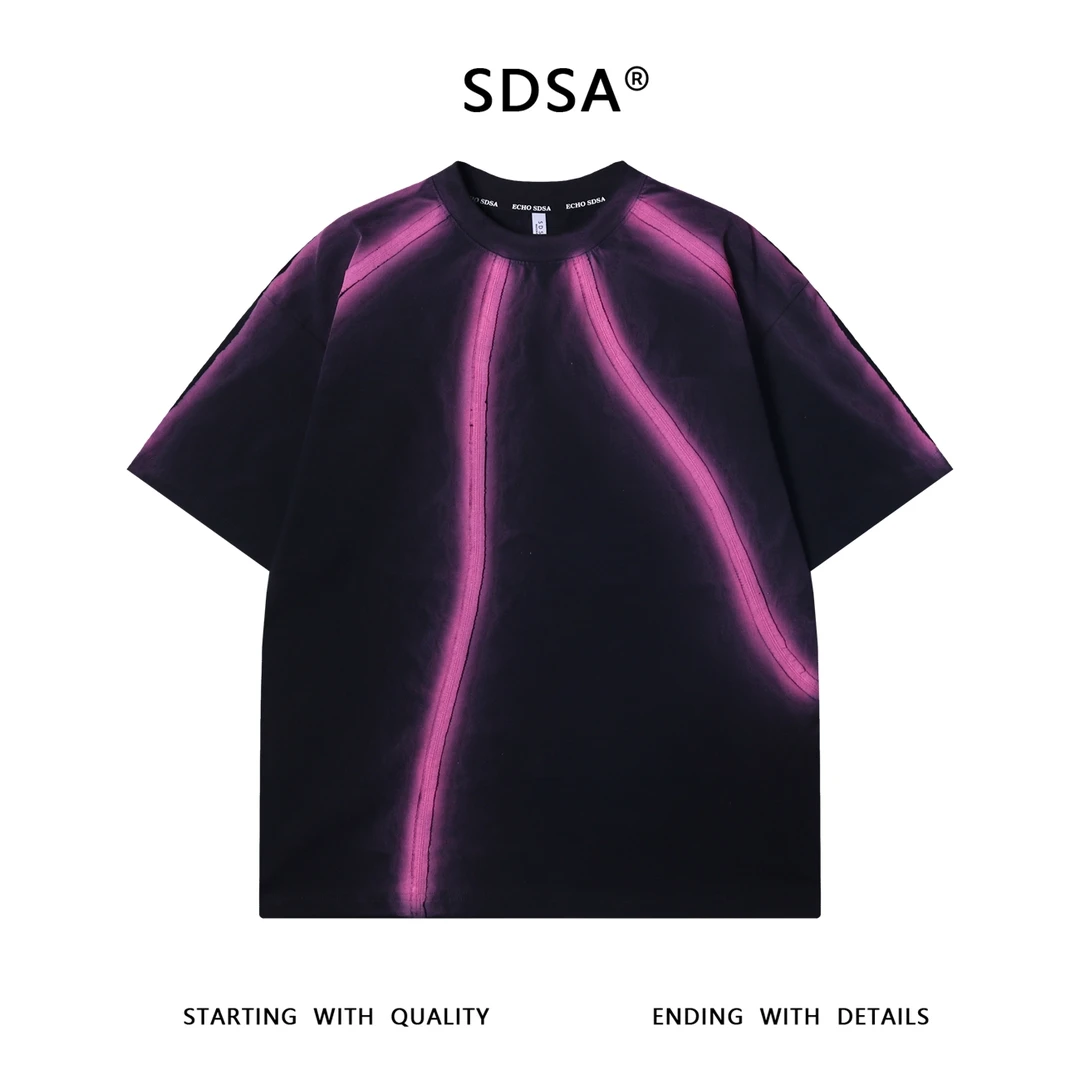 夏季高级感新款美式潮牌喷绘撞色圆领短袖T恤不规则压线百搭上衣