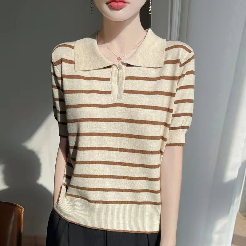 品牌 法式春夏新款时尚翻领条纹短袖POLO领针织衫女宽松衬衣上衣