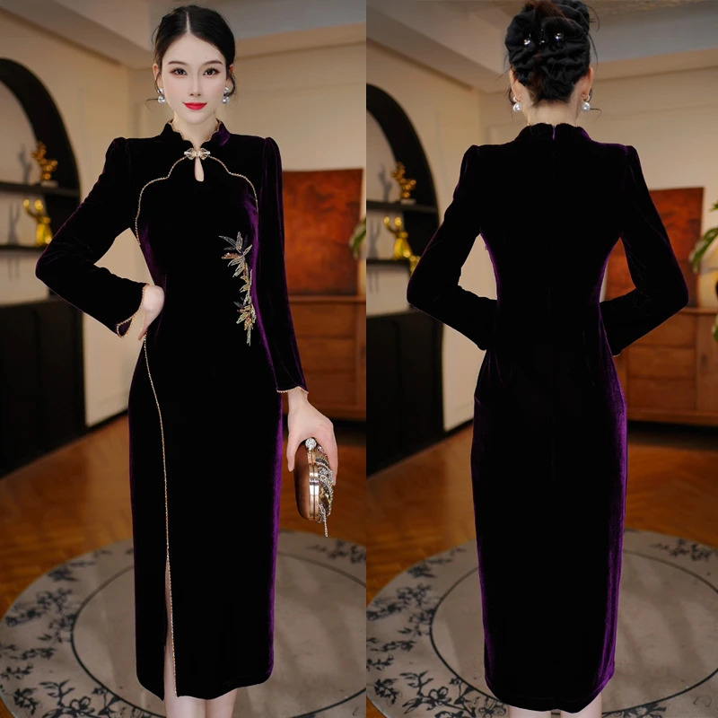 【紫韵流霞】2025秋季新款旗袍显瘦洋气减龄轻奢女人味打底连衣裙
