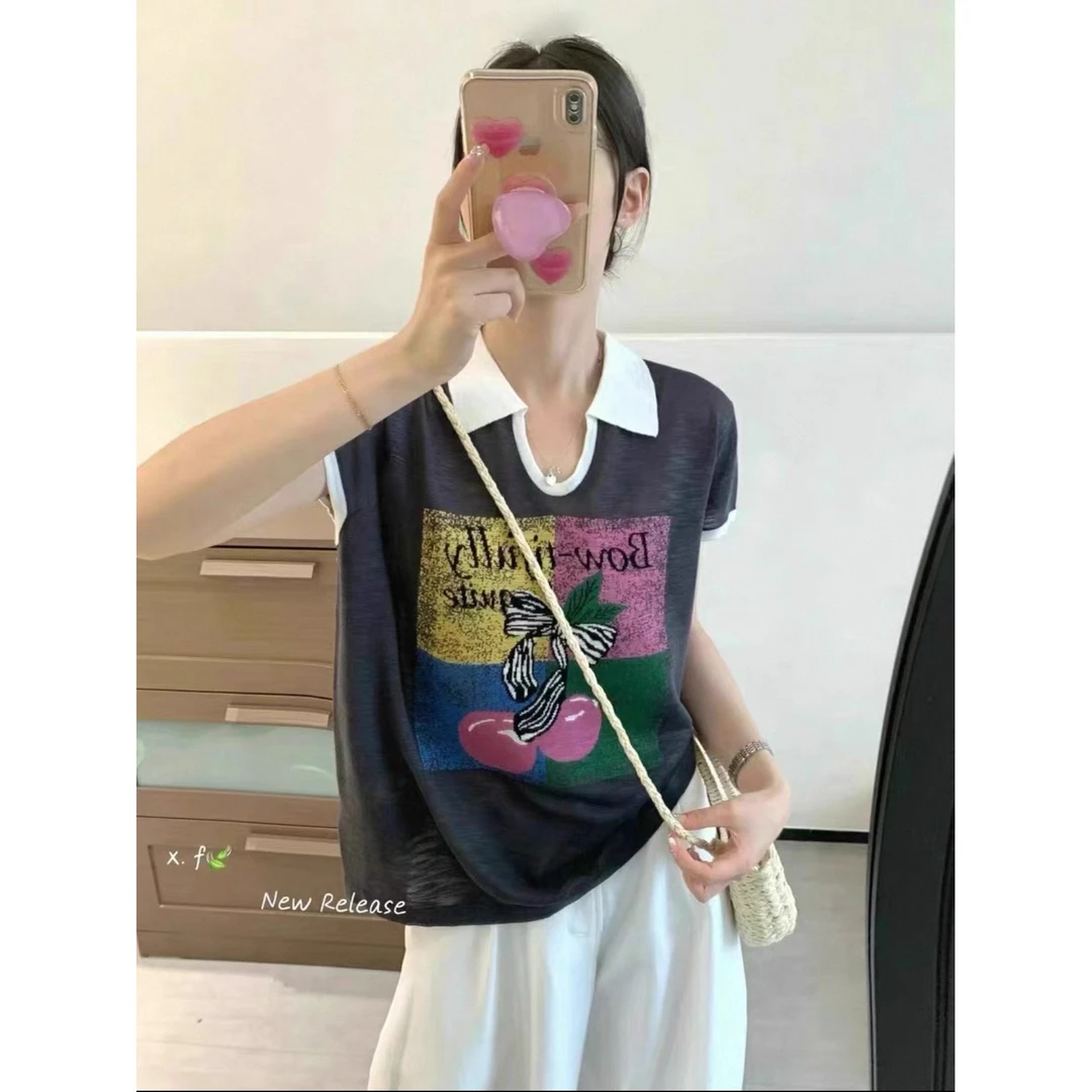 825夏季新款欧货女装polo领正肩v领数码印花字母蝴蝶竹节酸麻短袖