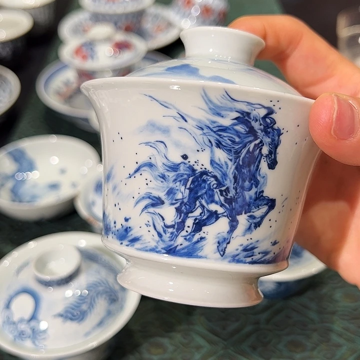 无*钟家窑柴窑孤品凛马二才盖碗