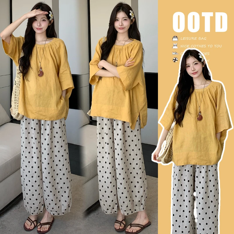 时尚孕妇夏季新品短袖亚麻衬衫上衣+波点阔腿裤宽松洋气两件套