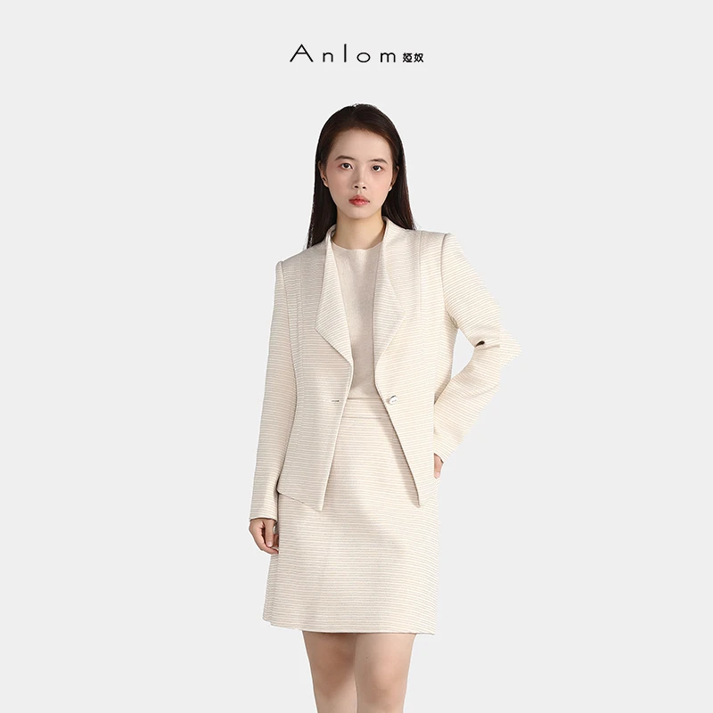 Anlom/娅奴小香风长袖纯白百搭休闲纹理西装领外套通勤开衫上衣