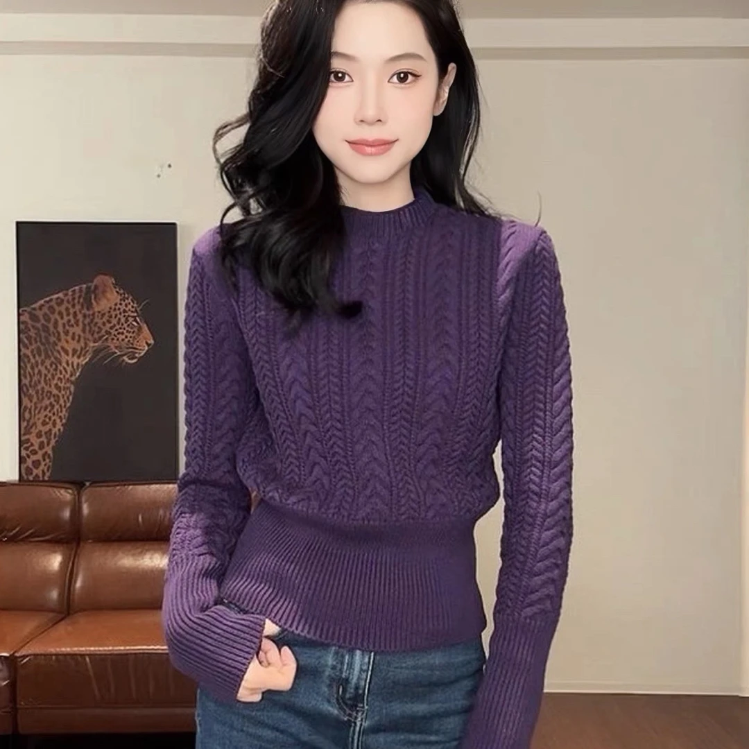 韩系复古麻花小立领毛衣女秋冬收腰显瘦设计感独特气质针织衫上衣