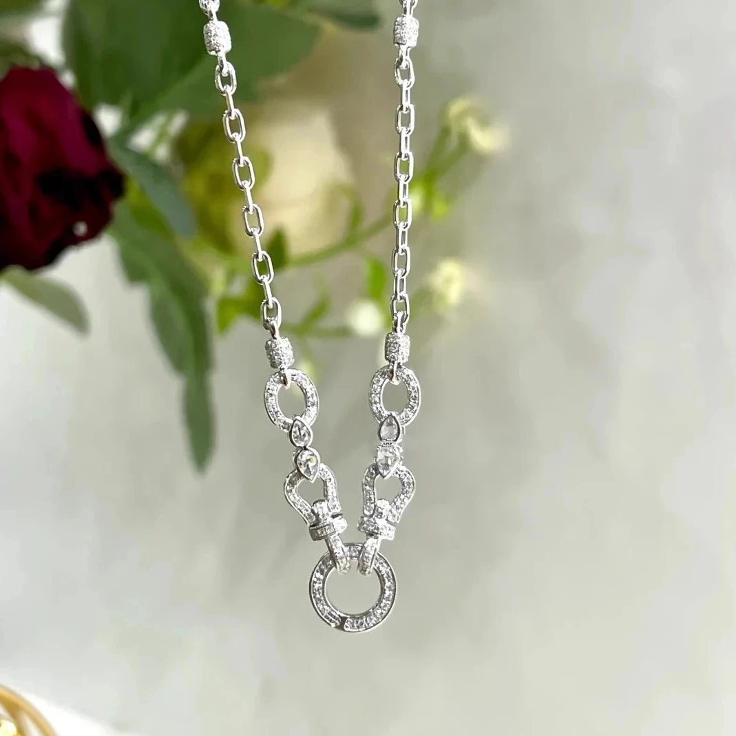 铜合金合成锆石项链 银色万能百搭链可调节项链坠子扣头吊坠轻奢