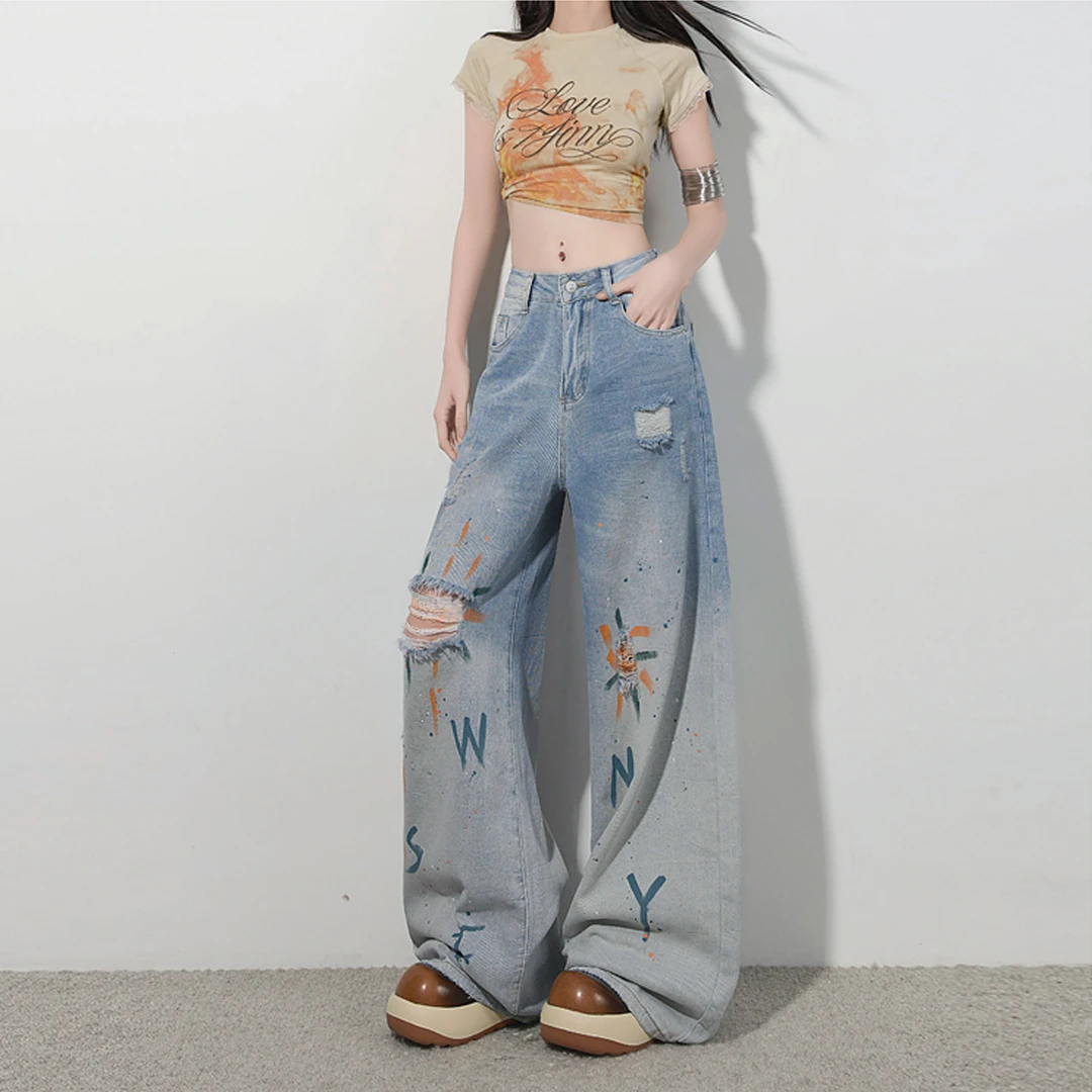 特大码美式街头阔腿牛仔裤女字母印花设计感夏季高街显瘦破洞裤子