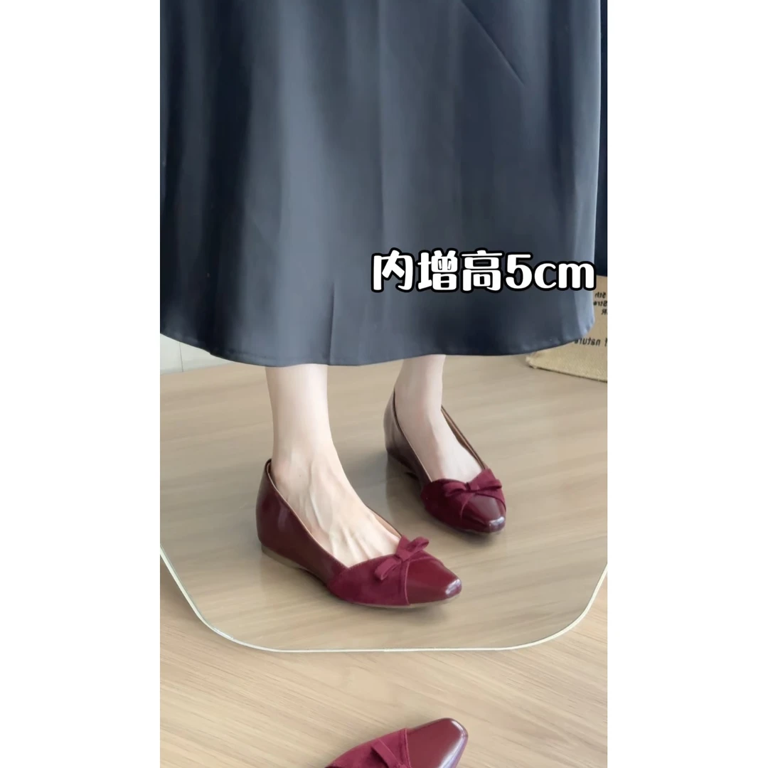 内增高5cm裸色蝴蝶结漆皮单鞋女气质一脚蹬通勤鞋软底玛丽珍女鞋