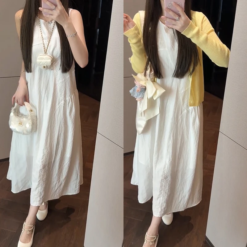 【mimius】U 韩系圆领休闲显高无袖连衣裙+针织开衫 G02331