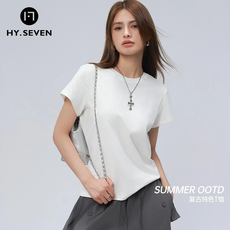 韩衣七2025款显瘦美式复古正肩圆领纯色小飞袖休闲短袖t恤百搭