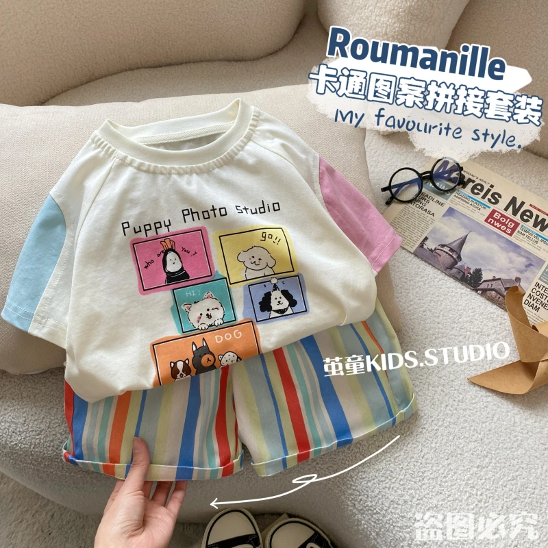 【麦麦妈】X204夏季小童卡通图案短袖套装新品男女宝宝休闲两件套