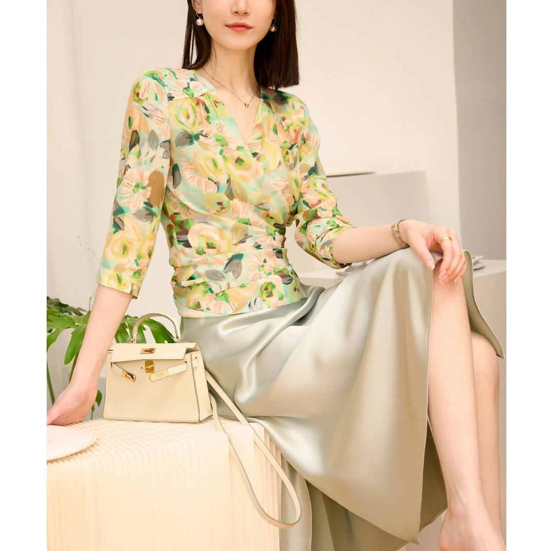 围裹式V领真丝印花衬衫FS2205 030405