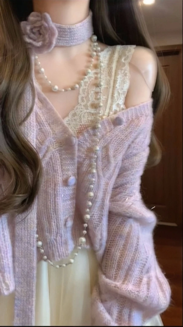 2025春季新款温柔风甜美紫色针织开衫搭配高腰半身裙气质两件套女