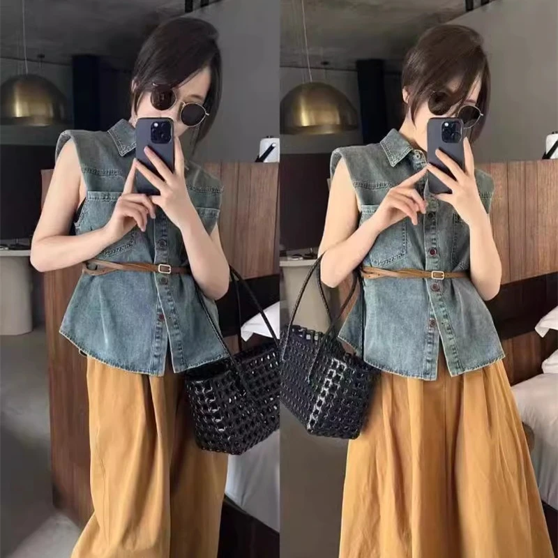 港风复古时尚短款牛仔上衣2025夏装新款复古高级感翻领无袖马甲女