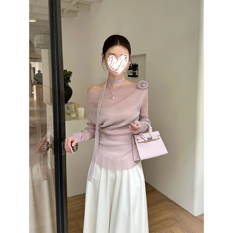 固质秋季法式气质女高级感轻奢减龄立体花朵露肩粉色针织衫上衣女