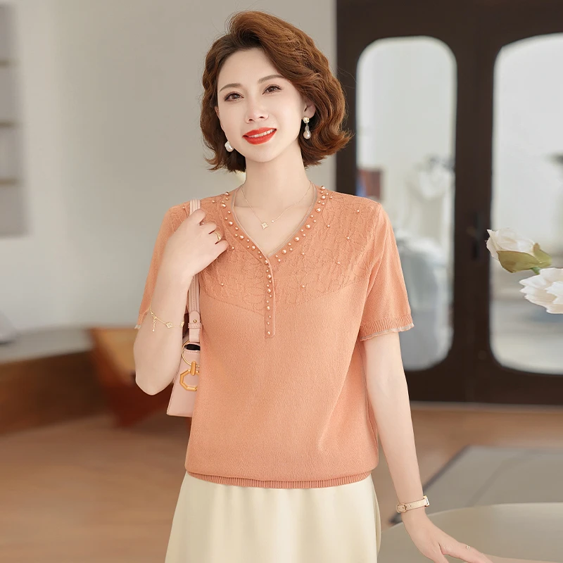 气质t恤洋气夏季中年宽松小衫大码中老年妈妈装时尚百搭薄款纯色