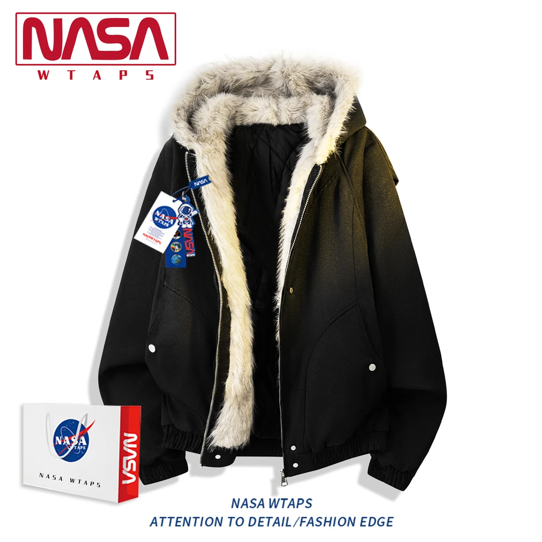 NASA WTAPS座山雕毛领羽绒棉服男款冬季情侣棉衣加厚连帽棉袄外套