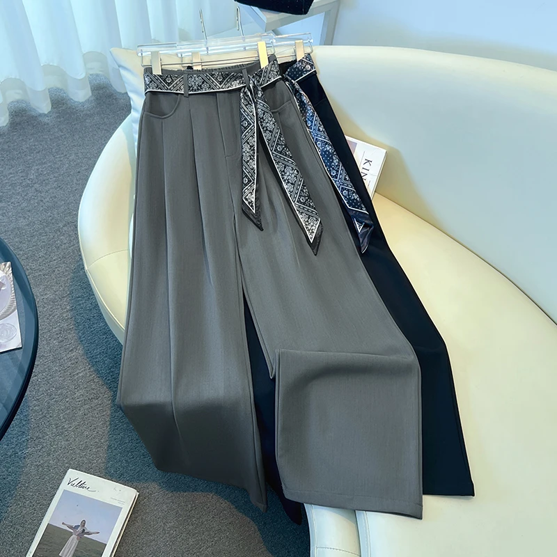 拉夏贝尔藏青色西装阔腿裤女2025新款秋季爆款垂坠感宽松直筒长裤