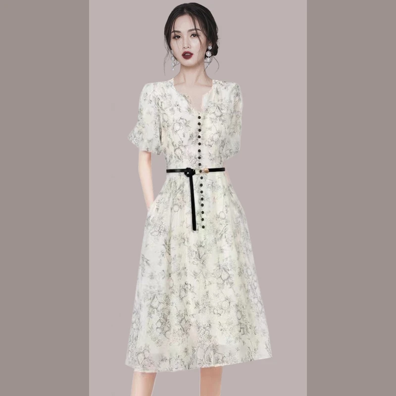 高端精致连衣裙2025女新款夏季印花高级气质收腰中长裙子