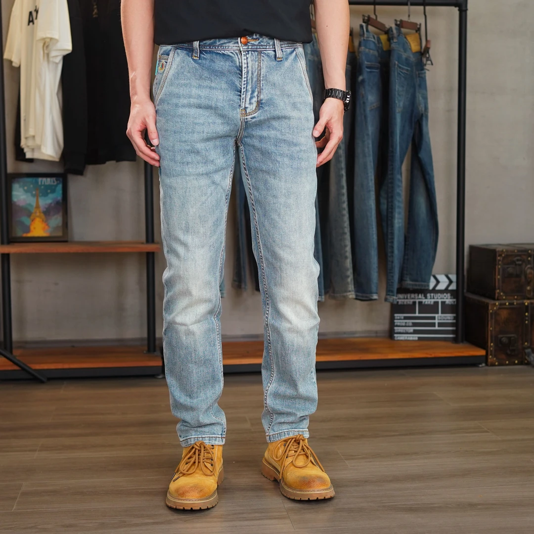 DH8992男修身春夏运动立体剪裁时尚复古牛仔裤水洗修身小直筒潮流