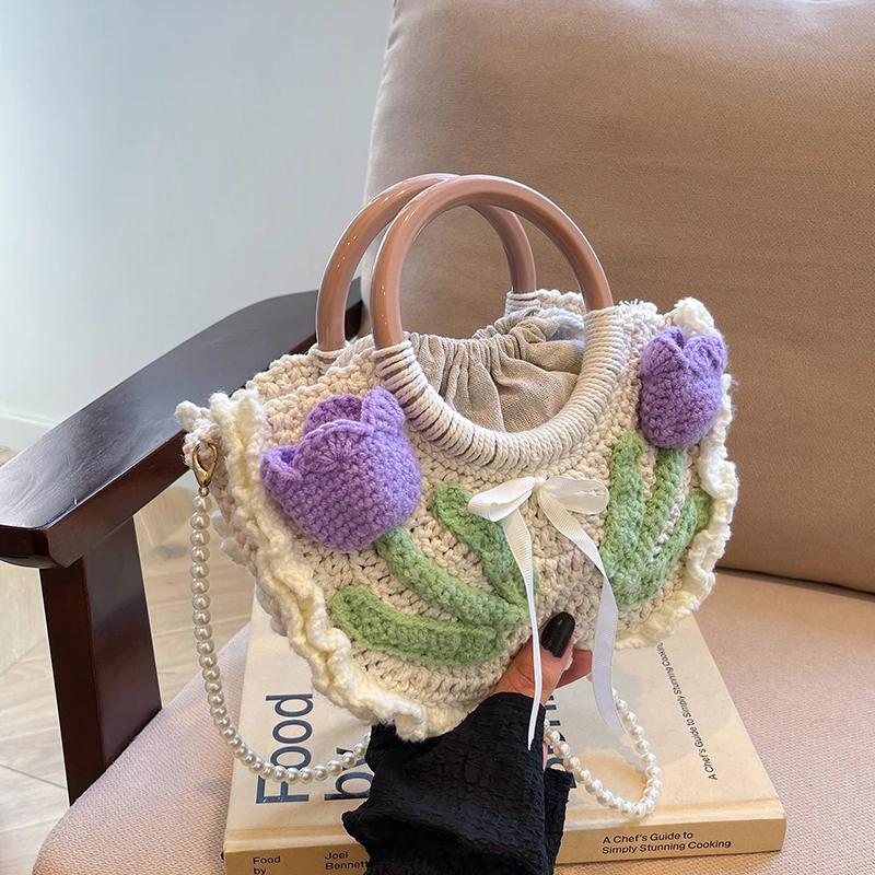 春日郁金香手提包毛线钩织菜篮子包包纯手工复古大容量单肩斜挎包