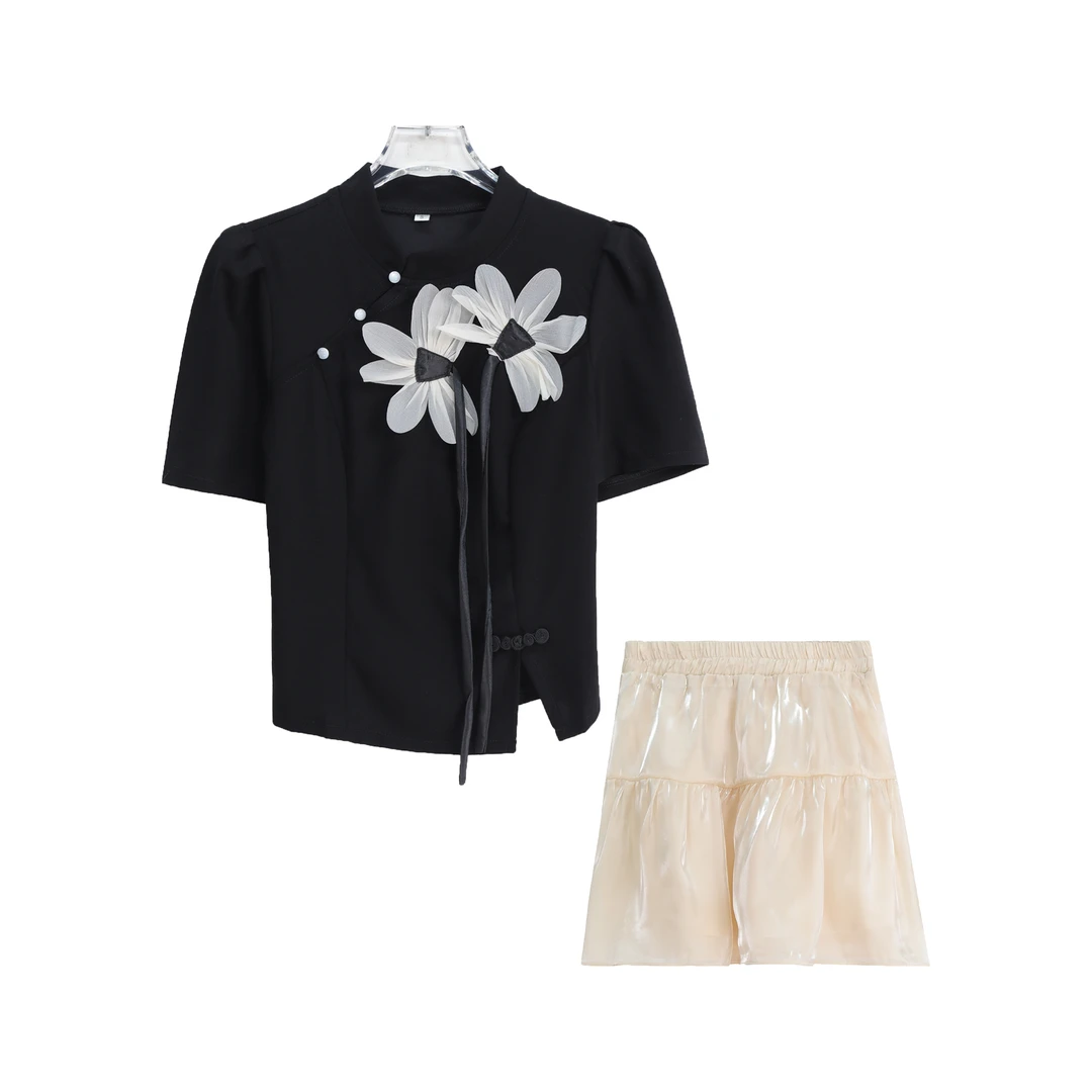 夏季新中式设计感上衣显瘦网纱半身裙两件套S1971