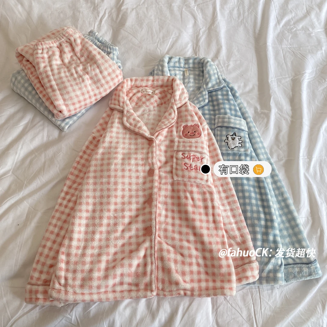 【发货超快】韩系ins珊瑚绒男女款睡衣秋冬加绒保暖可爱卡通家居服