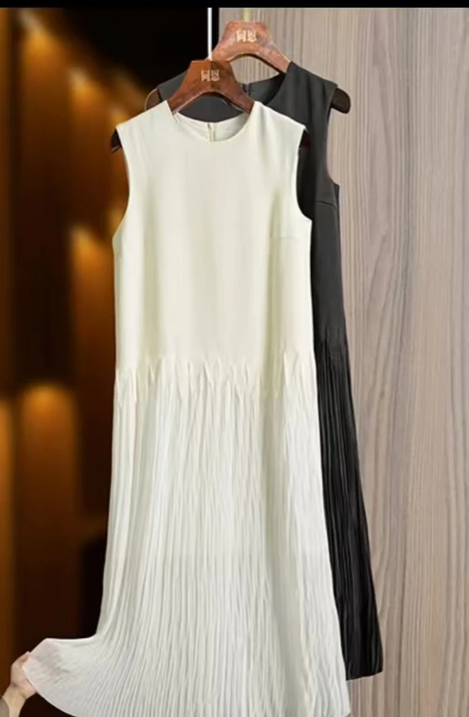 褶皱无袖纯色挂脖式中腰连衣裙拼接设计师轻奢