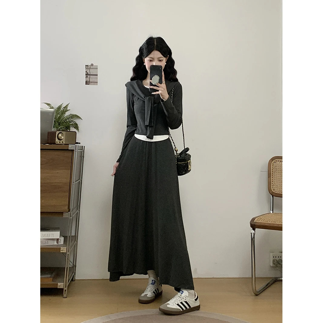 2025高腰秋装新款胖mm大码女休闲撞色披肩长袖上衣半身裙套装黑色