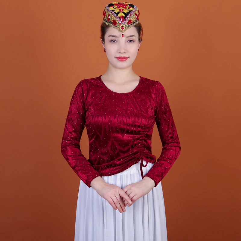 新疆舞蹈服2025春季保暖必备植绒烫钻抽绳上衣