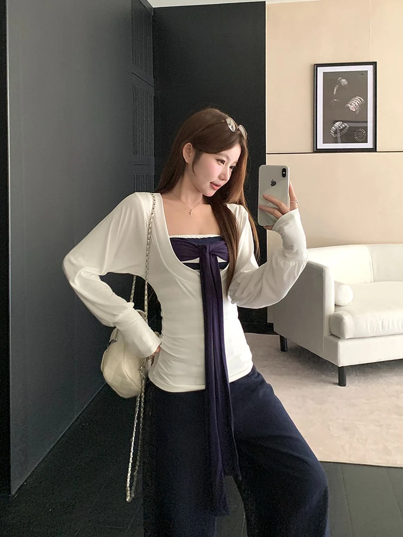 辣妹纯欲春秋套装女新款绑带条纹抹胸上衣搭配长袖防晒罩衫两件套