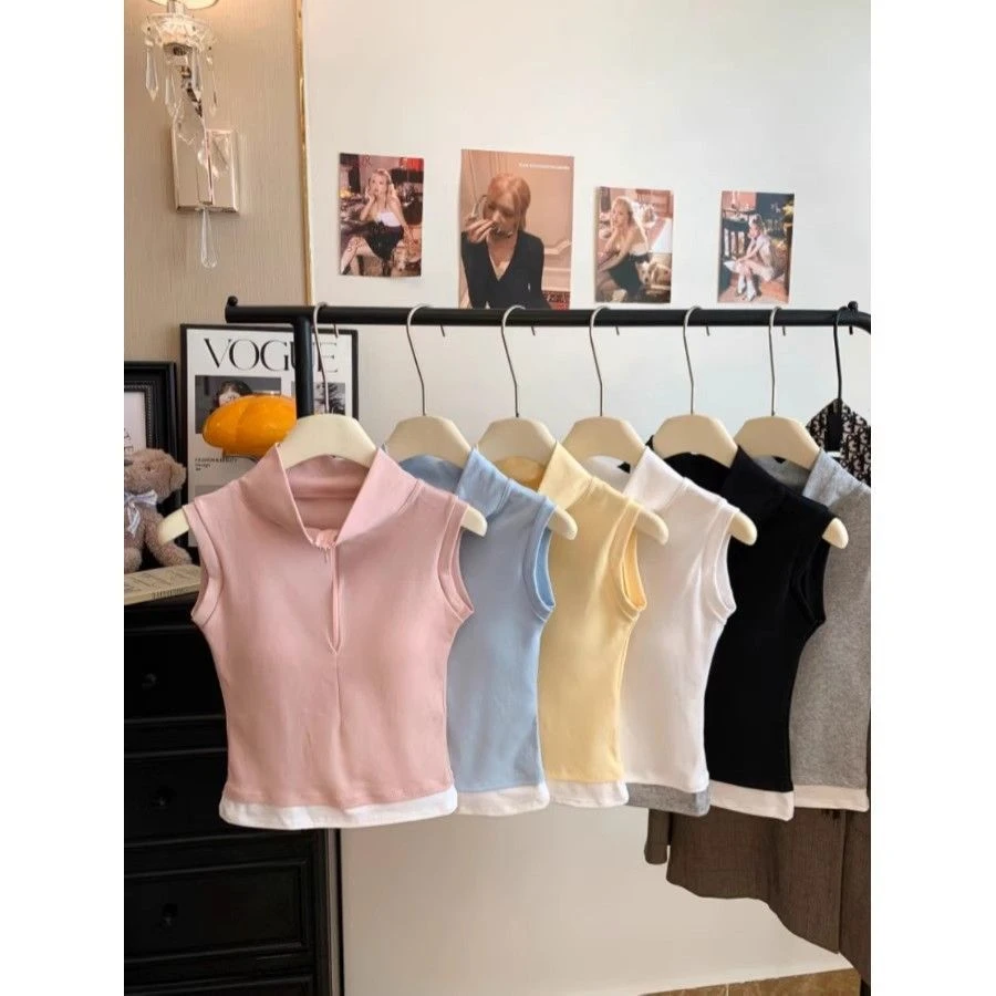 甜辣风拉链半开领背心秋季百搭减龄休闲无袖短款