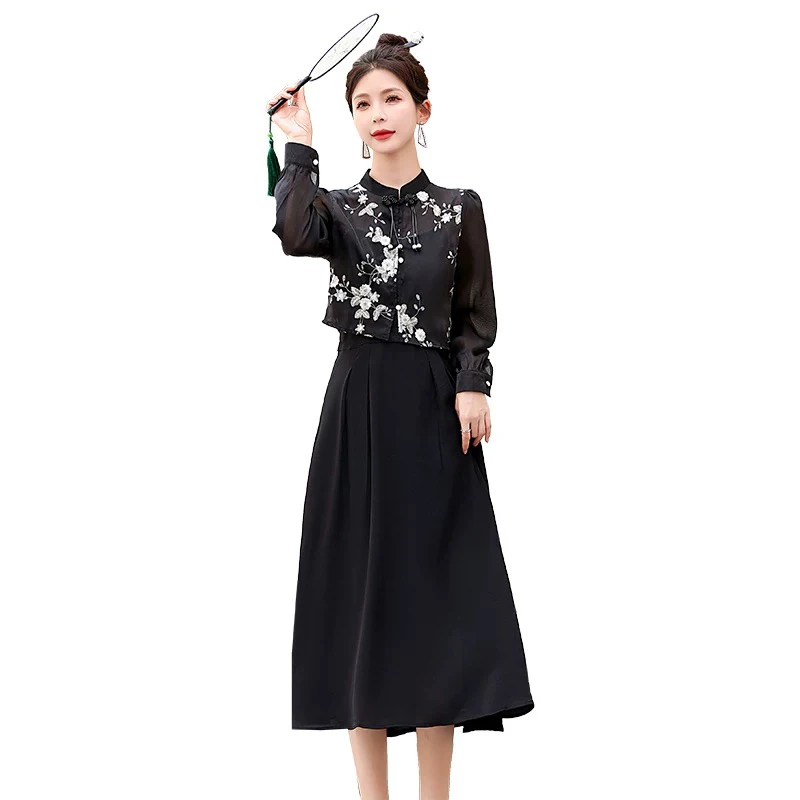 814新中式复古刺绣连衣裙气质温柔显瘦套装