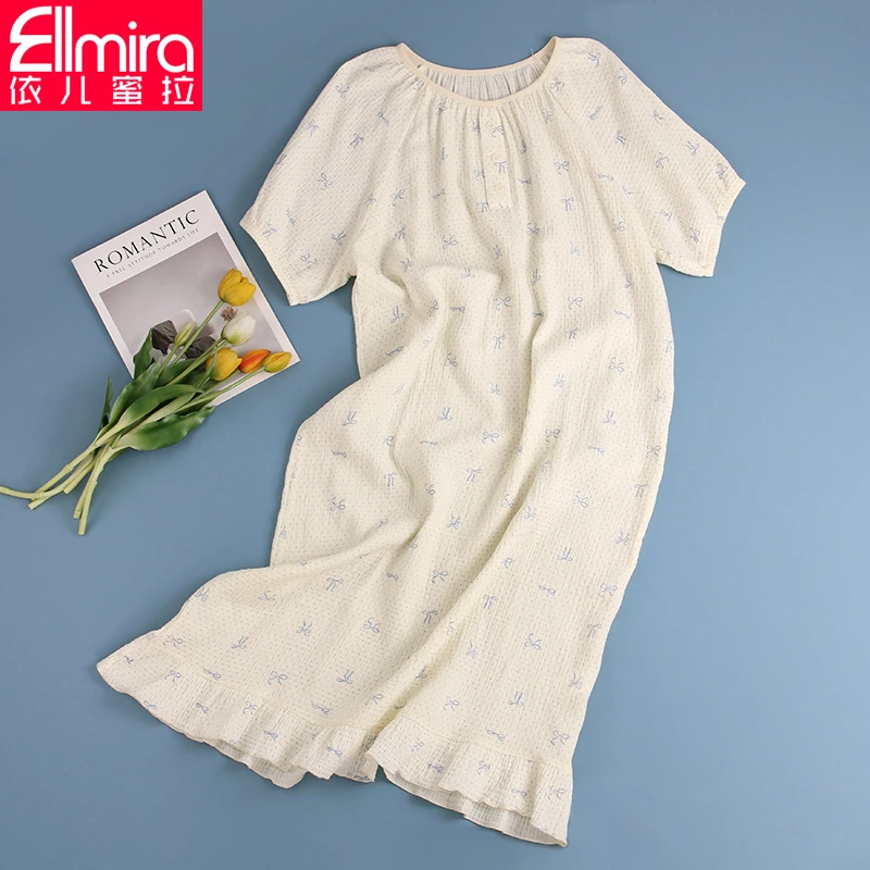 8426居家睡裙双纱麻棉短袖连衣裙长款家居服短袖夏季薄款