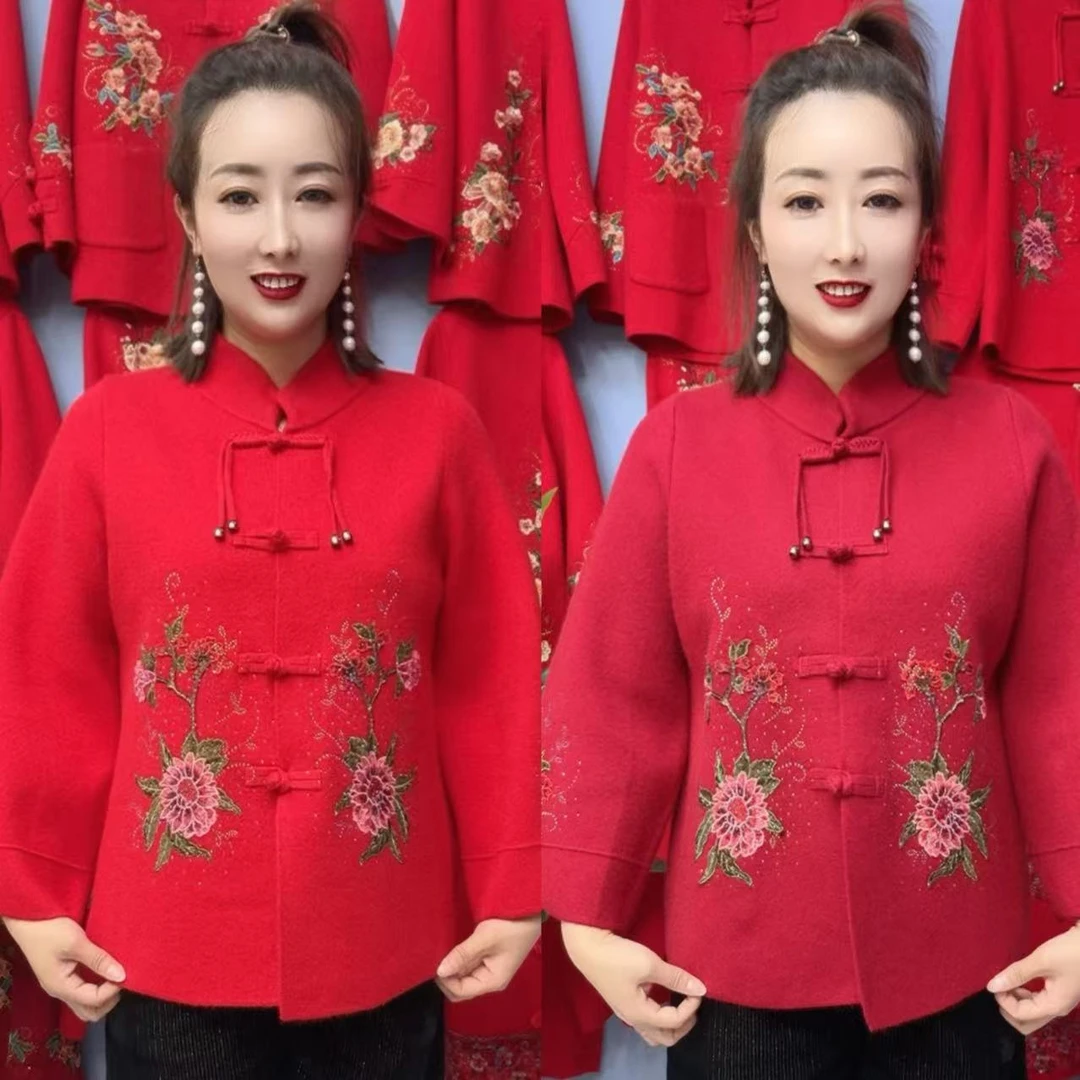 6383款重工气质国风刺绣针织妈妈装外套