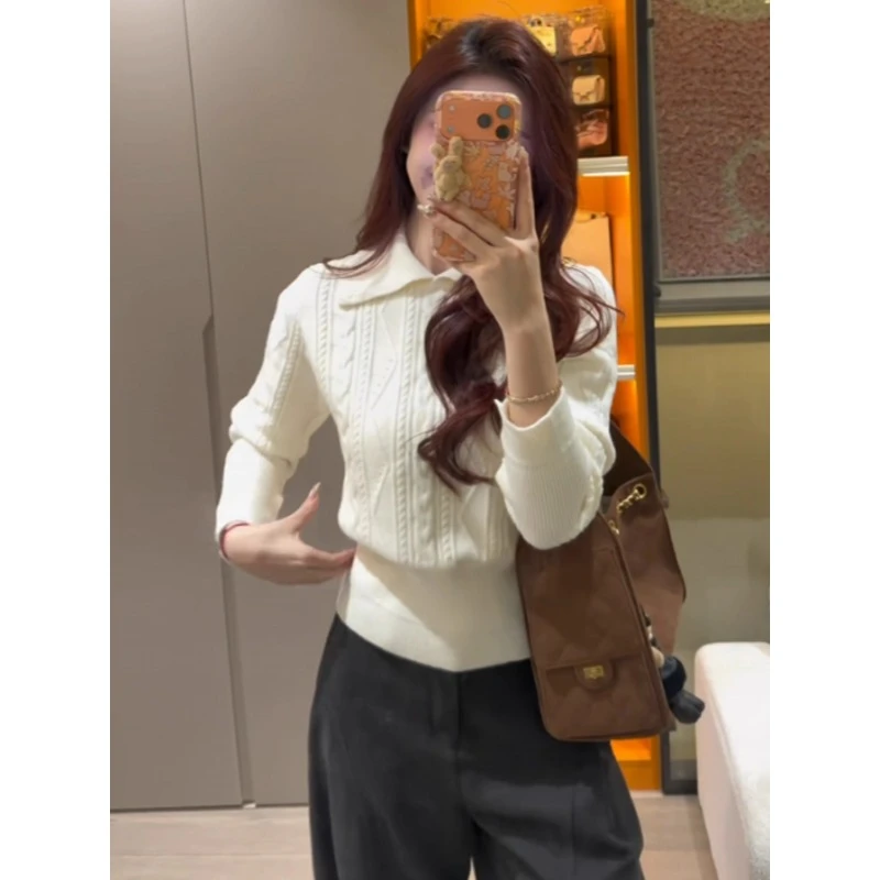 法式polo翻领套头麻花打底毛衣女秋冬内搭可外穿慵懒风针织衫上衣