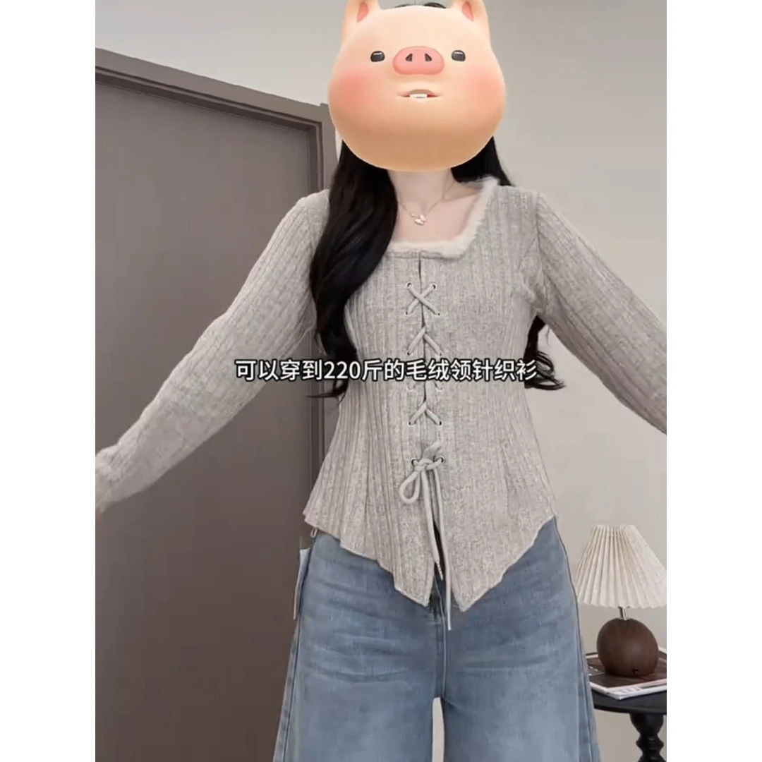【8307】加绒内搭针织衫女冬季新款大码胖mm纯欲风辣妹上衣打底衫