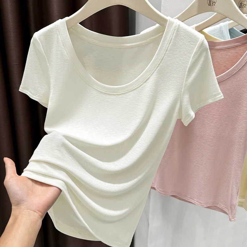 杏色外穿短袖针织衫上衣女2025夏季新款简约大圆领套头T恤打底衫