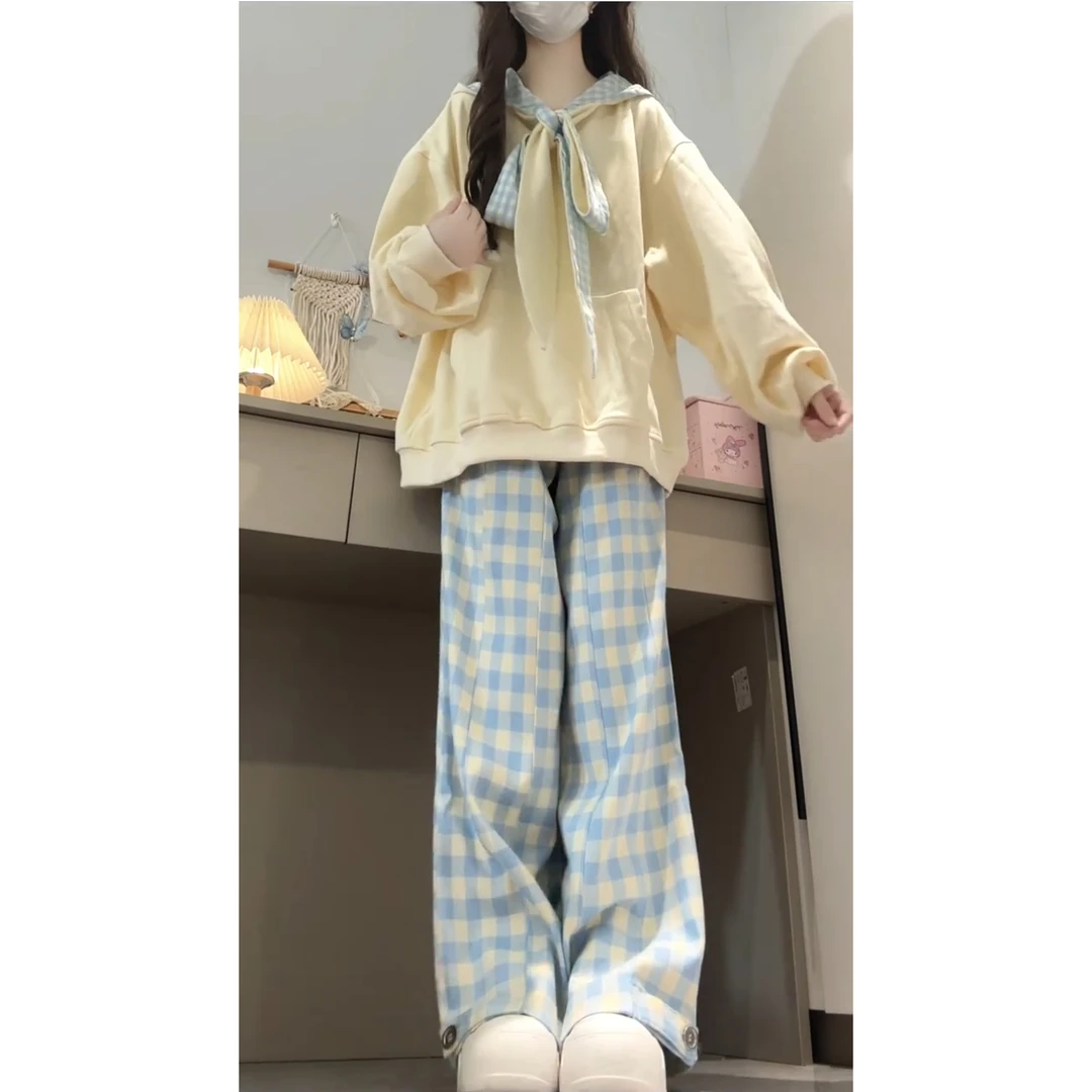 学院风奶甜格子围巾领设计感连帽卫衣女春秋独特漂亮格子外套上衣