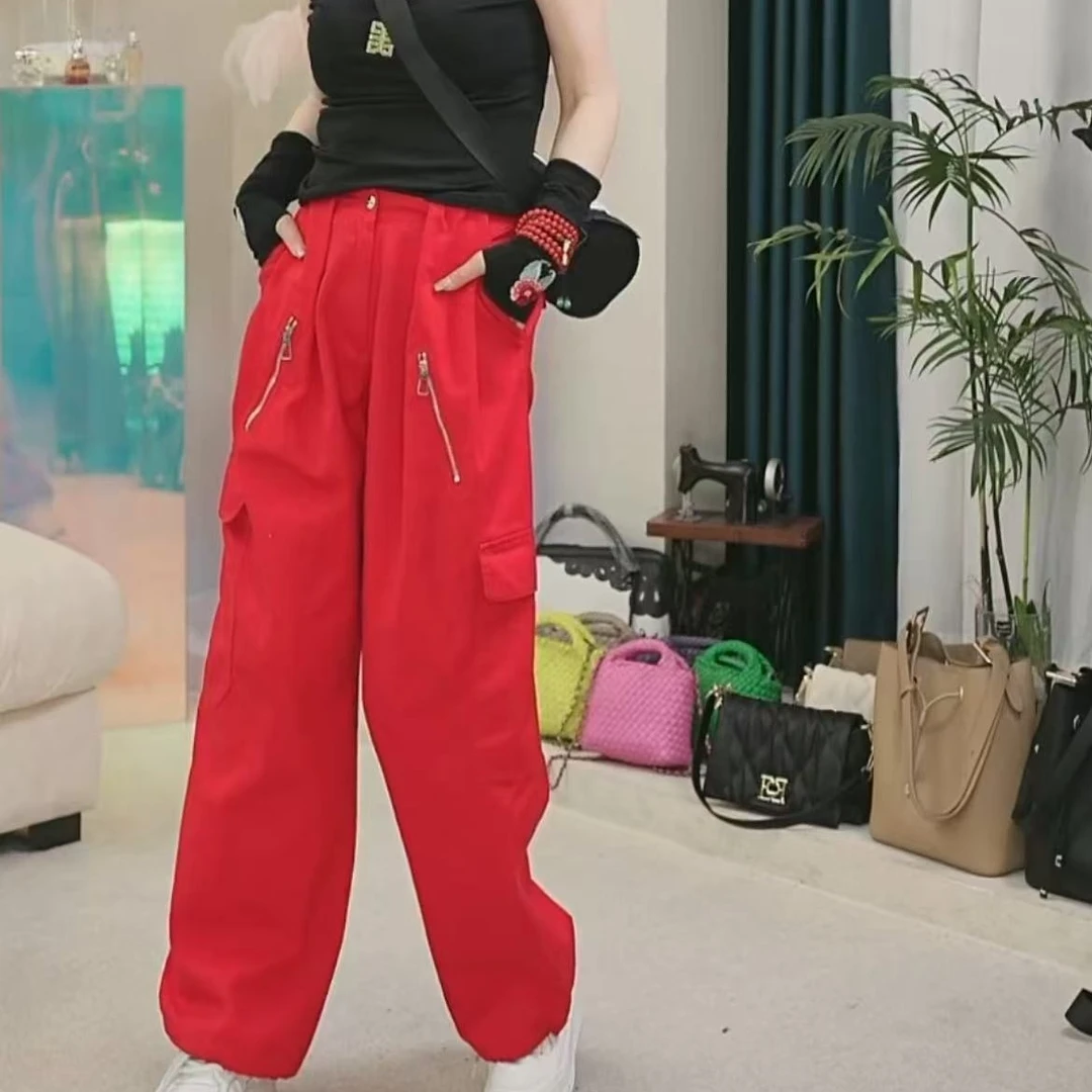 爱舞服饰直筒拉链休闲裤红色宽松2606