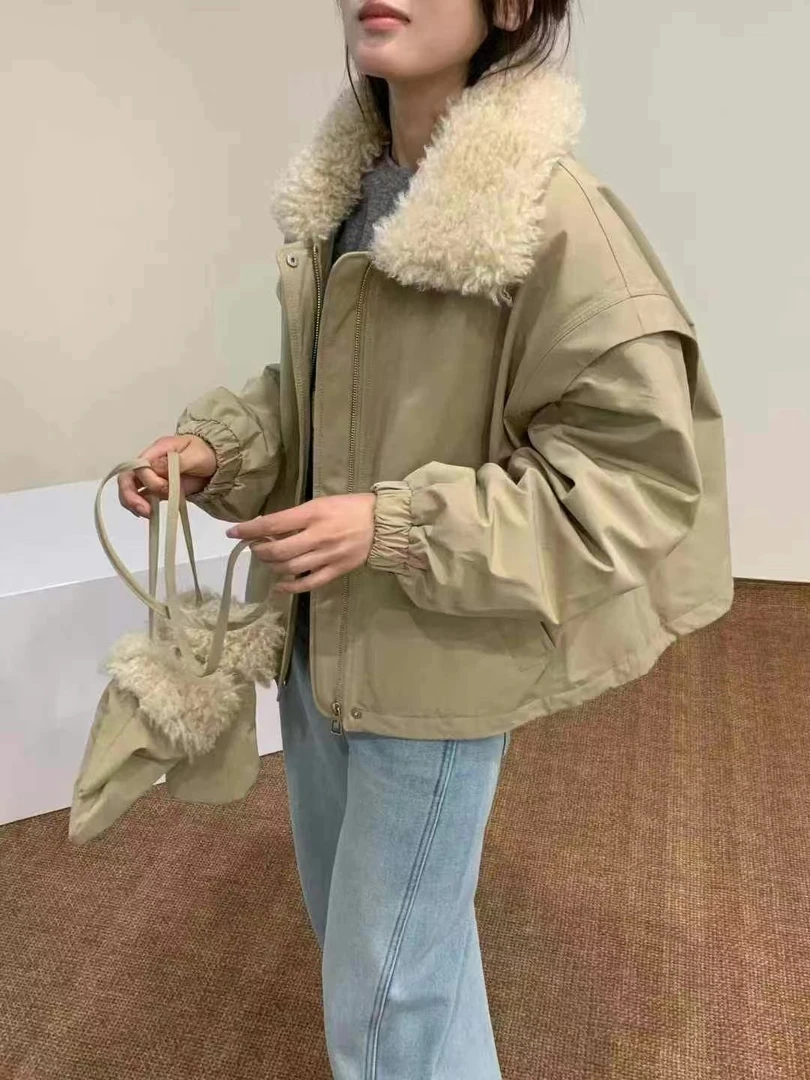 年货款韩系复古毛毛翻领小个子短款派克羽绒服手套款